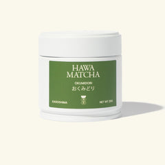 Tin of Hawa Matcha Okumidori Matcha with a cream-colored background